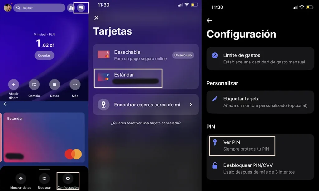 tutorial cómo ver PIN de la tarjeta Revolut