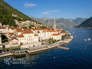 Perast town and Kotor Bay, picture taken by dron. Must see place in Montenegro