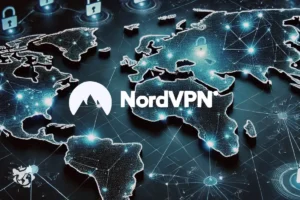 Mapa digital con conexiones globales y candados de seguridad, destacando el logo de NordVPN.