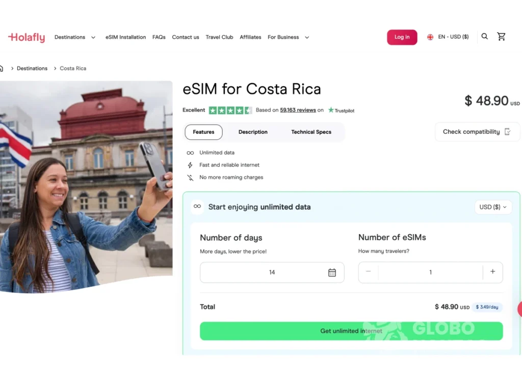 Holafly, ejemplo de precio por un plan de 2 semanas